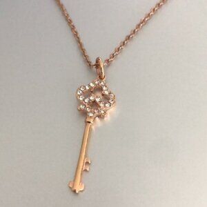 Rose Gold Plated Necklace w Key Charm Pendant  W Cubic Zirconia Stones